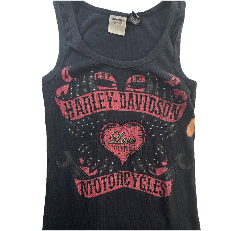 Womens Harley Davidson Motorcycles Black Graphic Tank Top W/Rhimestones Size S
