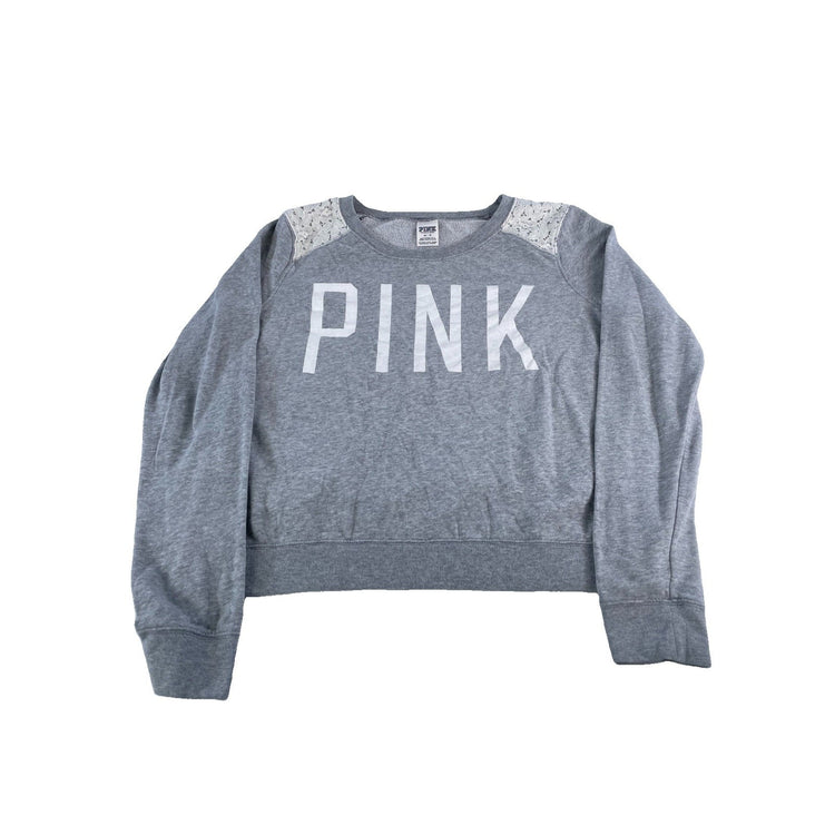 Womens PINK Victoria Secret Gray Sweatshirt W/ White Floral Sholder Panel Size M