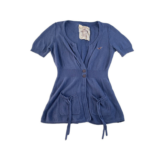 Womens Y2K Hollister Blue Knitted Short Sleeve Button Cardigan Size Small