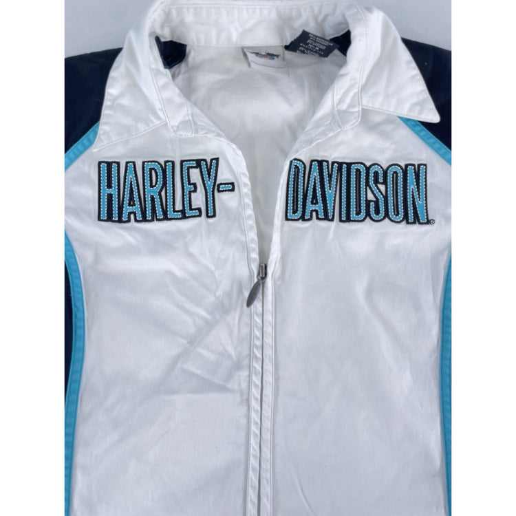Womens Harley Davidson Black & White Racing Zip Up Top Size Medium