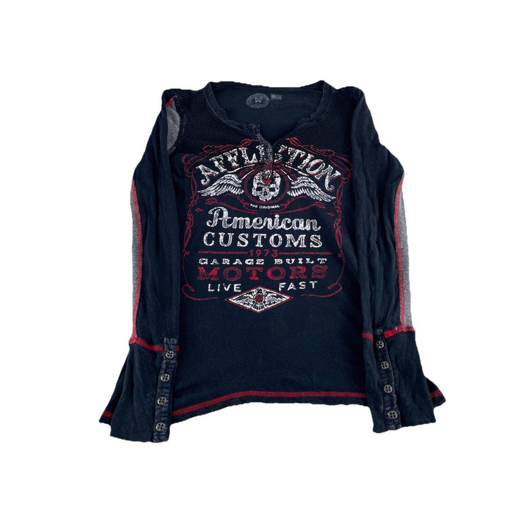 Mens Affliction American Customs Henley Black Graphic Long Sleeve Shirt Size M