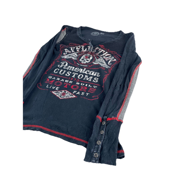 Mens Affliction American Customs Henley Black Graphic Long Sleeve Shirt Size M