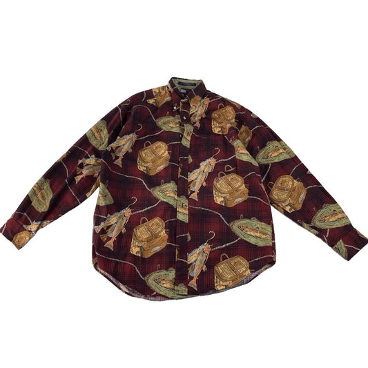 Men’s Vintage Tommy Hilfiger Red Plaid Fish Print Button Down Shirt Size Medium