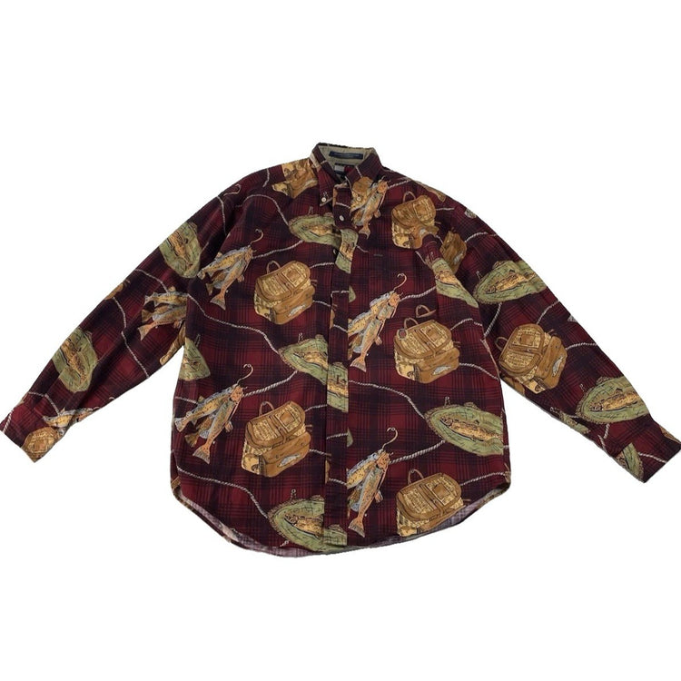 Men’s Vintage Tommy Hilfiger Red Plaid Fish Print Button Down Shirt Size Medium