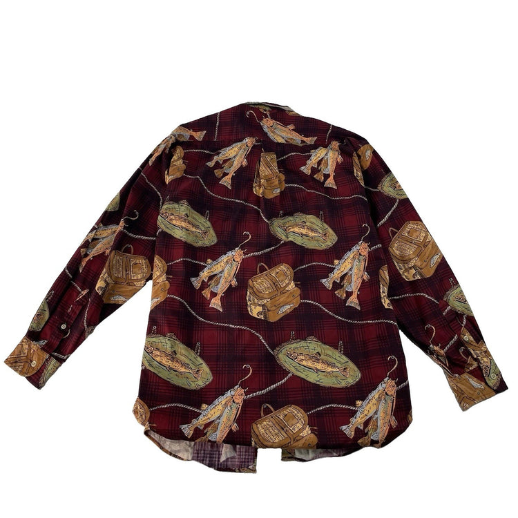 Men’s Vintage Tommy Hilfiger Red Plaid Fish Print Button Down Shirt Size Medium