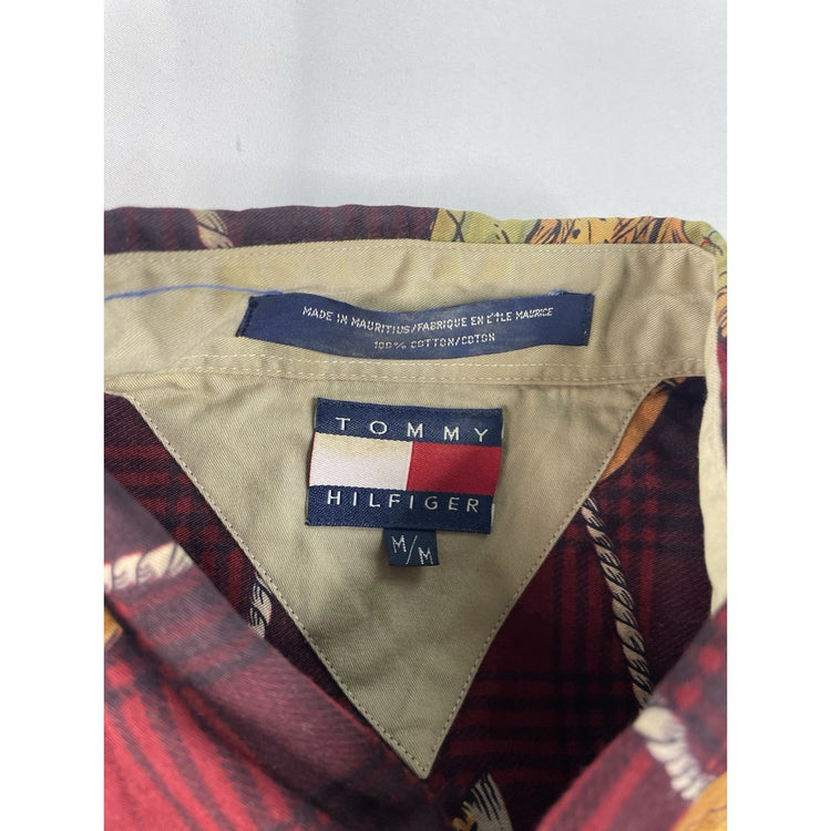 Men’s Vintage Tommy Hilfiger Red Plaid Fish Print Button Down Shirt Size Medium