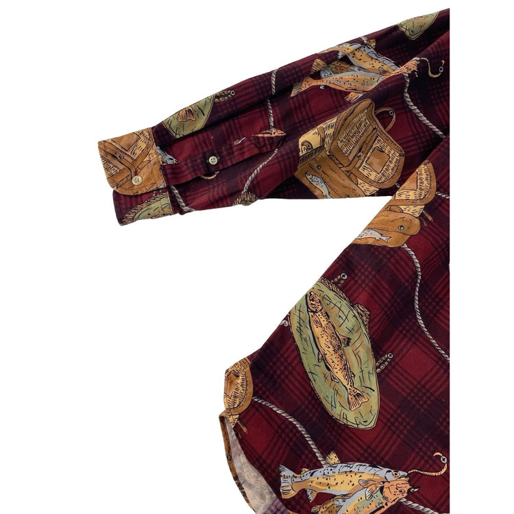 Men’s Vintage Tommy Hilfiger Red Plaid Fish Print Button Down Shirt Size Medium
