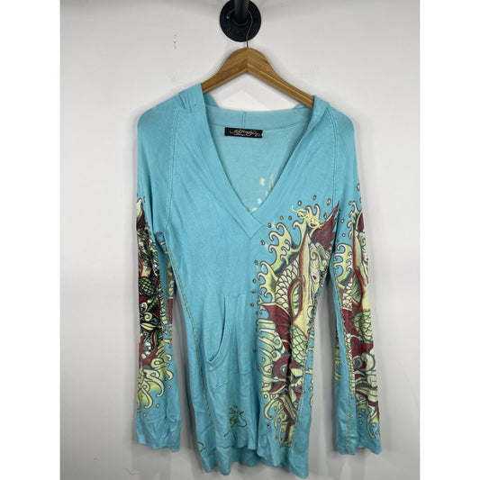 Women’s Y2k Ed Hardy Rhinestones Tattoo Art Knitwear Hoodie Sz Large