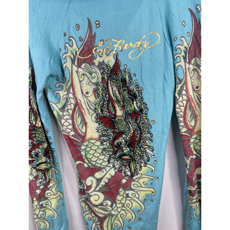 Women’s Y2k Ed Hardy Rhinestones Tattoo Art Knitwear Hoodie Sz Large