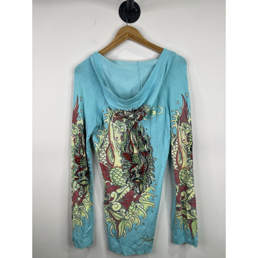 Women’s Y2k Ed Hardy Rhinestones Tattoo Art Knitwear Hoodie Sz Large
