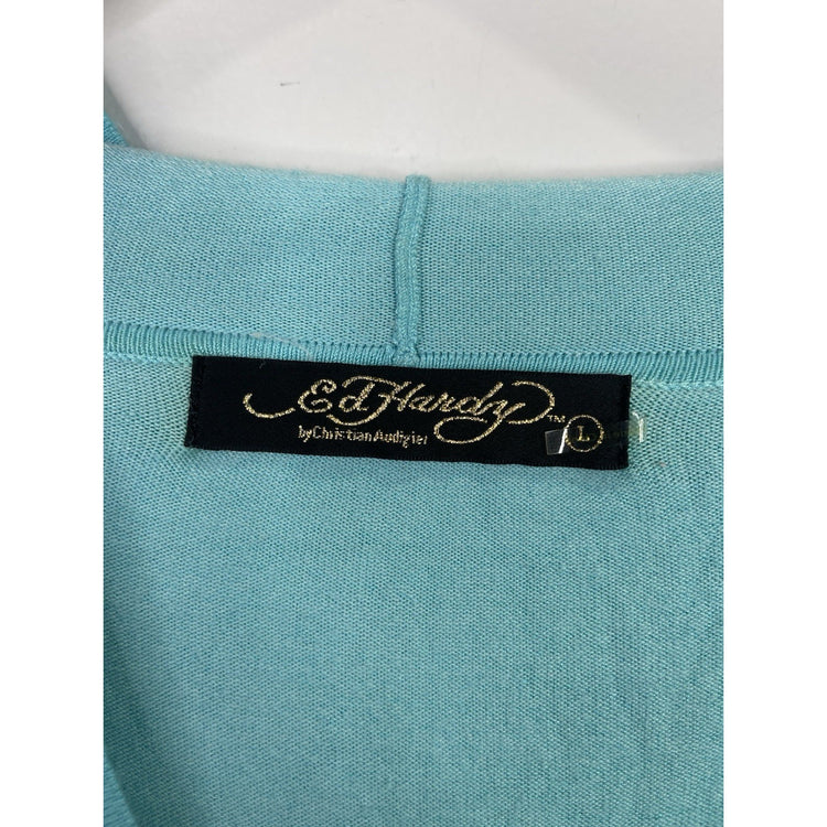 Women’s Y2k Ed Hardy Rhinestones Tattoo Art Knitwear Hoodie Sz Large