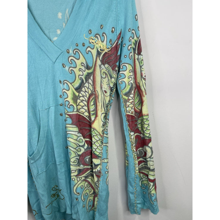 Women’s Y2k Ed Hardy Rhinestones Tattoo Art Knitwear Hoodie Sz Large