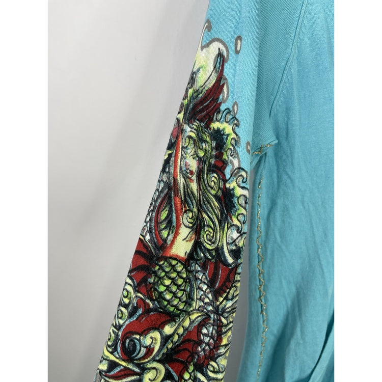 Women’s Y2k Ed Hardy Rhinestones Tattoo Art Knitwear Hoodie Sz Large