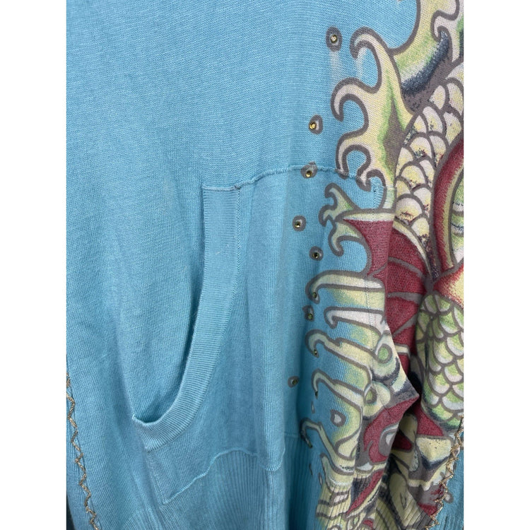 Women’s Y2k Ed Hardy Rhinestones Tattoo Art Knitwear Hoodie Sz Large