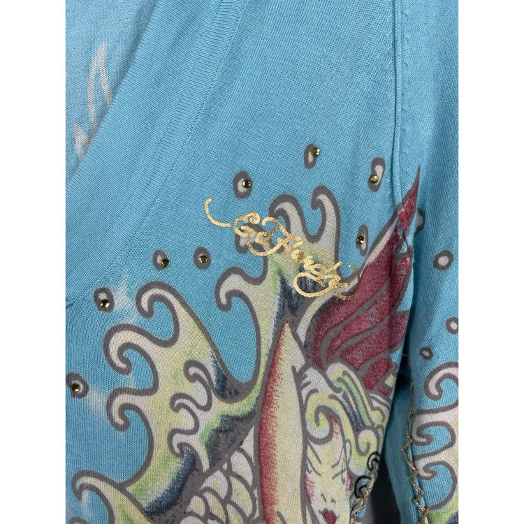 Women’s Y2k Ed Hardy Rhinestones Tattoo Art Knitwear Hoodie Sz Large