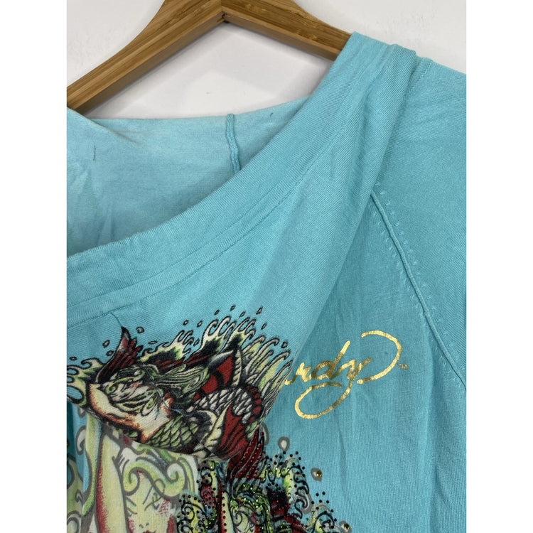 Women’s Y2k Ed Hardy Rhinestones Tattoo Art Knitwear Hoodie Sz Large