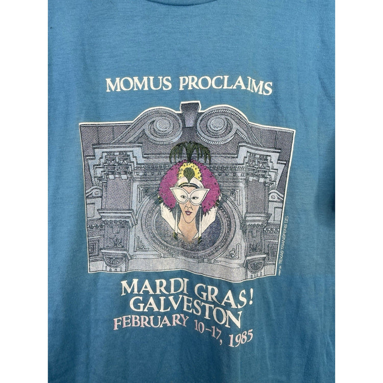 1985 Momus Proclaims Mardi Gras! Galveston Blue T-shirt Size L 42-44