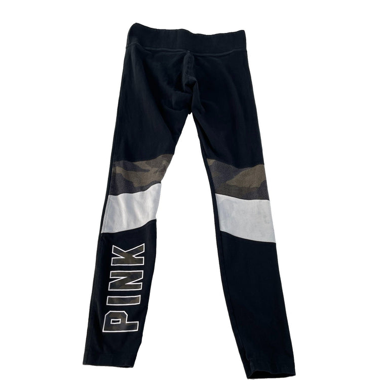 Womens PINK Victorias Secret Black Yoga Leggings with Camo & White Stripe Size S