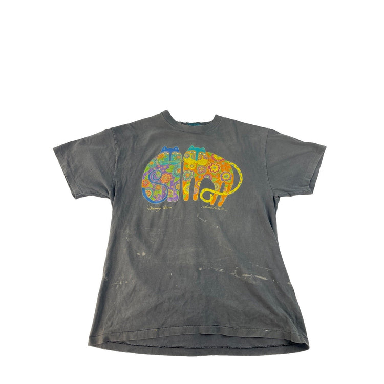 Mens Laurel Burch "Feline Friends" Floral Cat Graphic Gray T-Shirt Size L