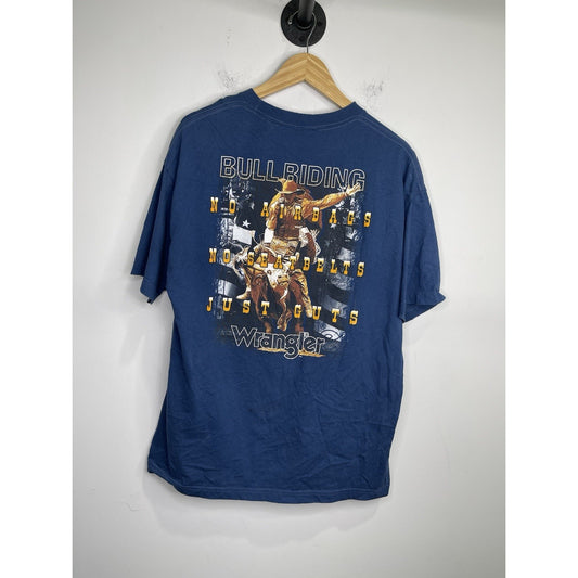 Men’s Bull riding Navy Blue Wrangler Double Sided Graphic T Shirt Sz L