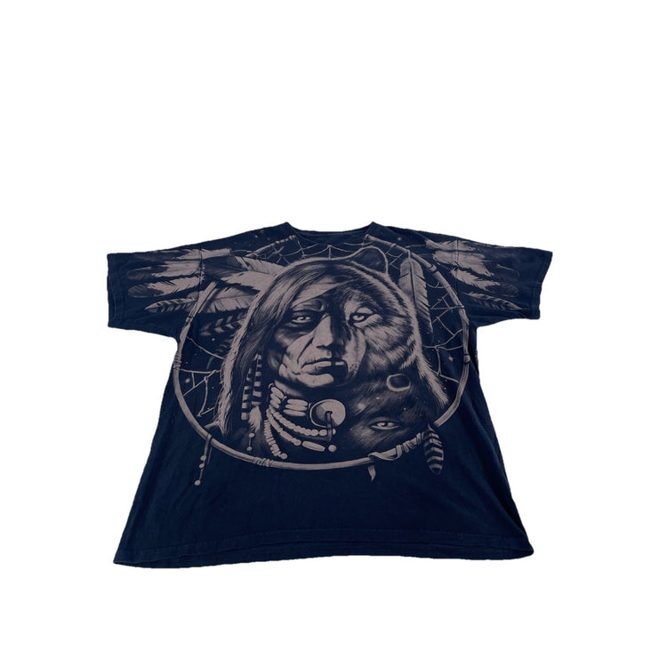 Mens Native American Chief and Wolf Dreamcatcher Graphic T-Shirt Black Size Xl