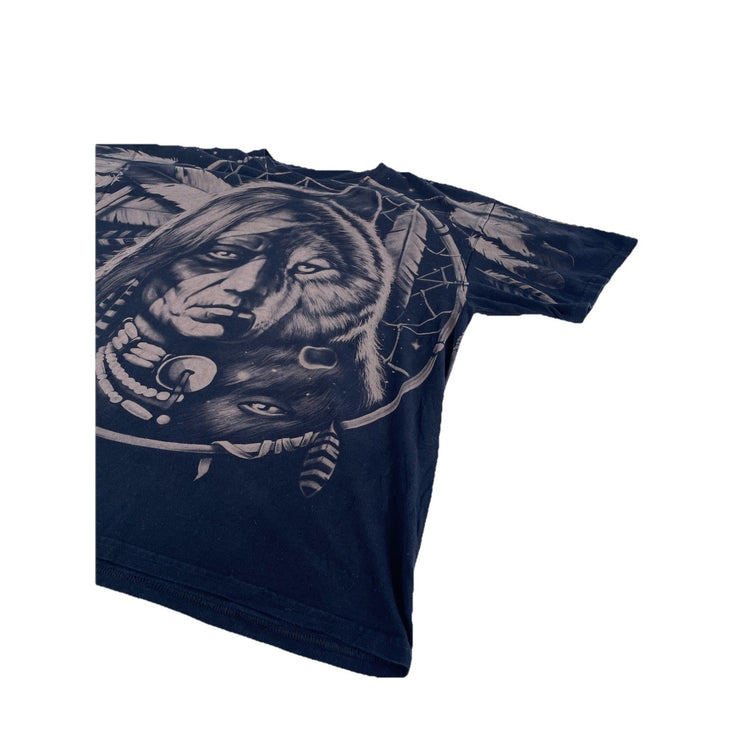 Mens Native American Chief and Wolf Dreamcatcher Graphic T-Shirt Black Size Xl
