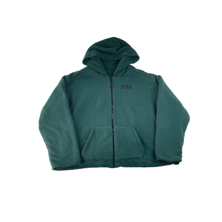 Womens Victoria's Secret PINK Dark Green Sherpa Lined Zip-Up Hoodie Size XL