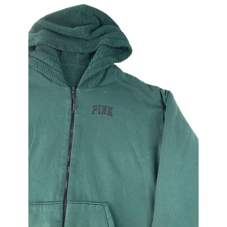 Womens Victoria's Secret PINK Dark Green Sherpa Lined Zip-Up Hoodie Size XL