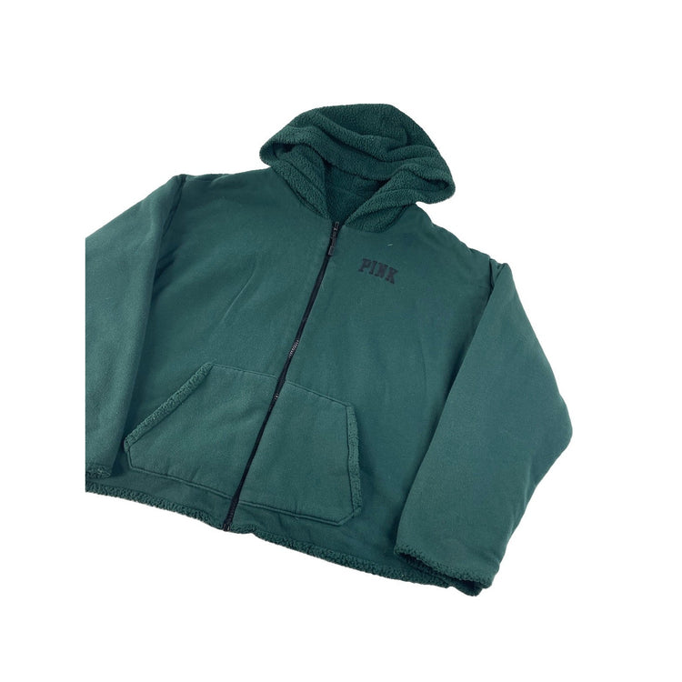 Womens Victoria's Secret PINK Dark Green Sherpa Lined Zip-Up Hoodie Size XL