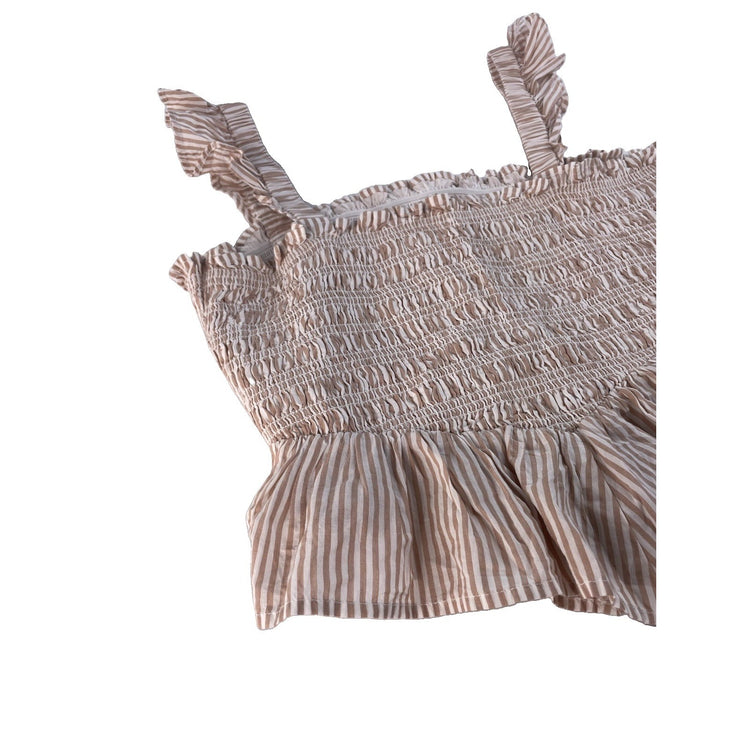 Women's American Eagle Beige and White Striped Smocked Ruffle Top Size M