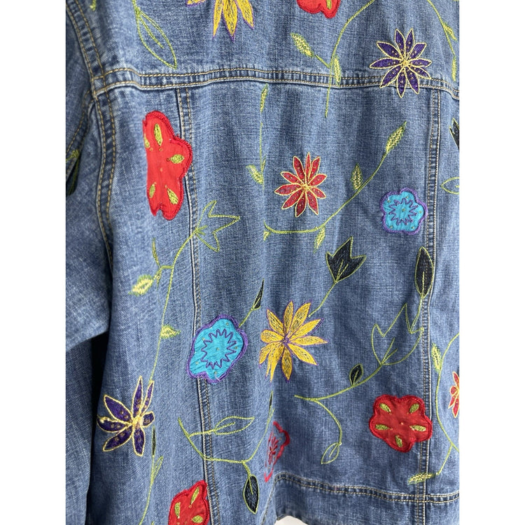 Women’s Vintage Chicos Designer Jean Jacket Floral Embroidered Buttons Sz 3