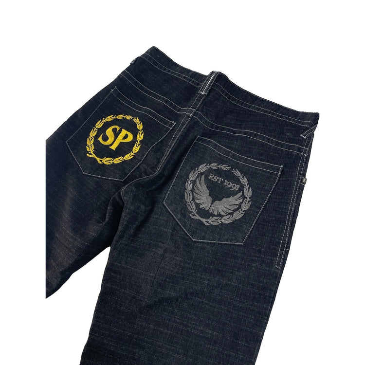 Men Vintage Southpole Black Contrast Stitch Gold Silver Embroidered Jean Size 34
