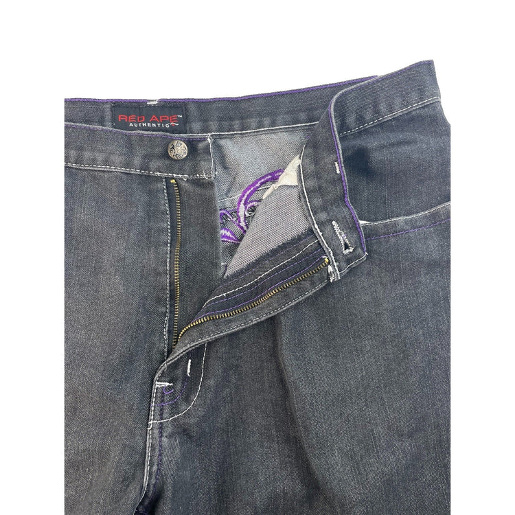 Men's Red Ape Authentic Black Denim Jeans with Purple Embroidery Size 40