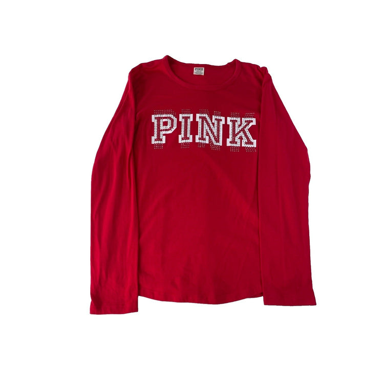 Womens PINK Victorias Secret Red Longsleeve Rhinestone T Shirt Size Large