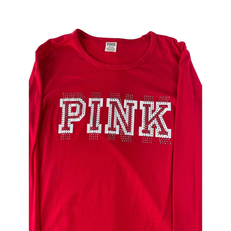 Womens PINK Victorias Secret Red Longsleeve Rhinestone T Shirt Size Large