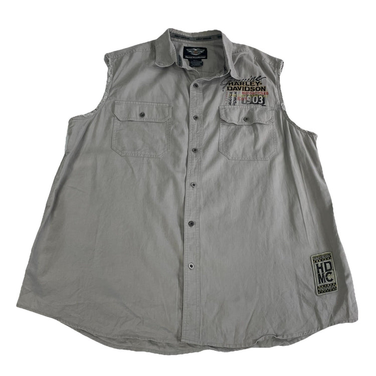 Mens Vintage Harley Davidson Light Gray Sleeveless Button-Down Shirt Size 2Xl