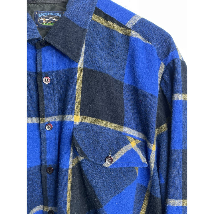 Backpacker Shirt Mens Large Blue Plaid Flannel Long Sleeve Button Up Sz L