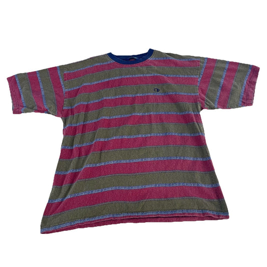 Mens Vintage 1980s Ocean Pacific Olive Green & Red Striped T Shirt Size XL