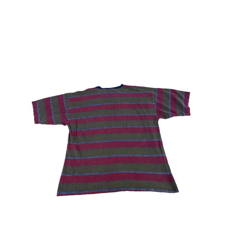 Mens Vintage 1980s Ocean Pacific Olive Green & Red Striped T Shirt Size XL