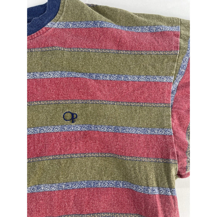 Mens Vintage 1980s Ocean Pacific Olive Green & Red Striped T Shirt Size XL