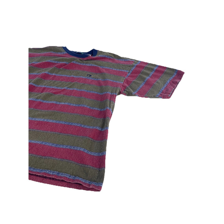 Mens Vintage 1980s Ocean Pacific Olive Green & Red Striped T Shirt Size XL