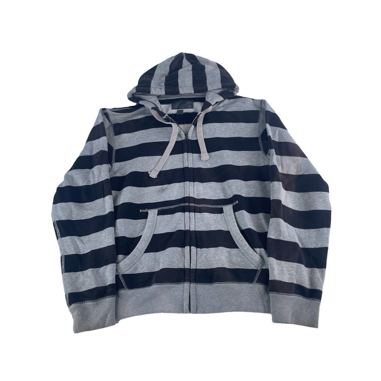 Mens Y2K Old Navy Black & Gray Striped Zip Up Jacket Size Medium