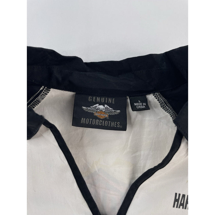 Womens Harley Davidson Motorcycles Black&White Zip-Up Collard Shirt Size L