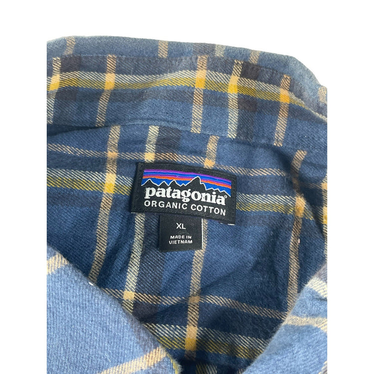 Mens Patagonia Organic Cotton Blue Yellow Plaid Flannel Button Down Shirt XL