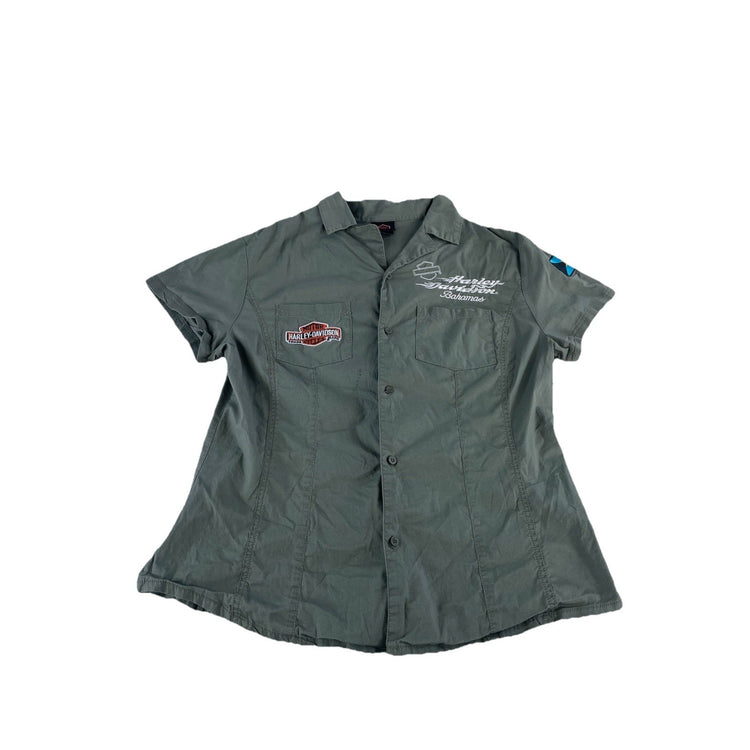 Womens Harley Davidson Olive Green Embroidered Bahamas Button Up T Shirt Size L
