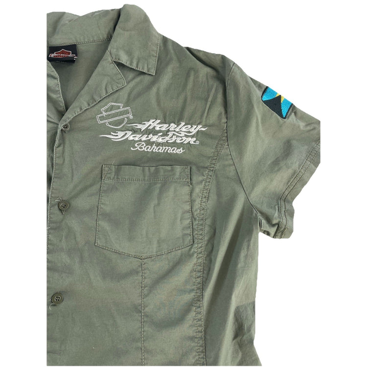 Womens Harley Davidson Olive Green Embroidered Bahamas Button Up T Shirt Size L