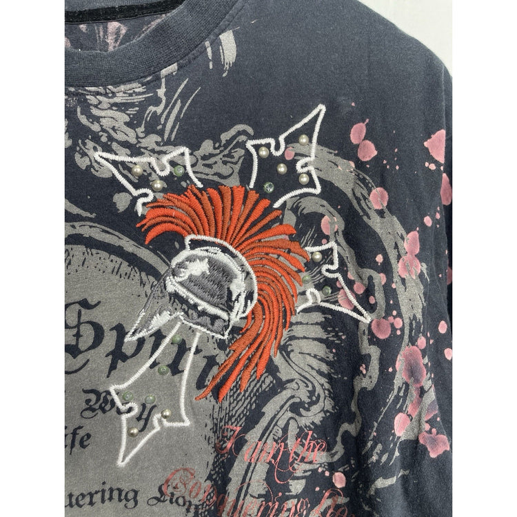 Men’s Rebel Spirit Y2K Royal Helmet Shield Embroidered Studded T-shirt Sz L