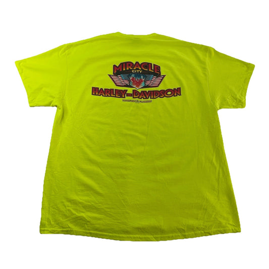 Mens Harley Davidson Neon Green “Miracle City” T Shirt Size 2XL