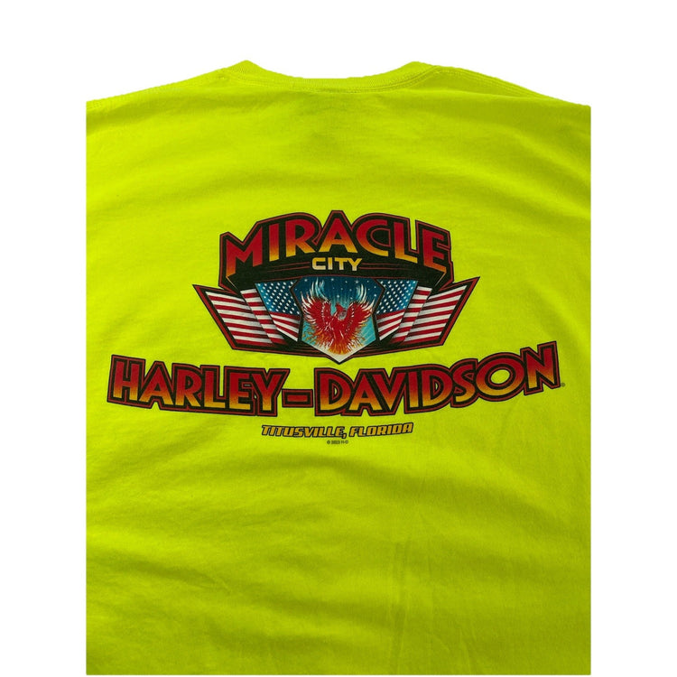 Mens Harley Davidson Neon Green “Miracle City” T Shirt Size 2XL
