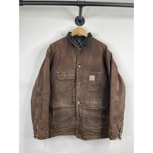 Vintage Y2K Carhartt Blue Plaid Lined Distressed Brown Chore Men’s Coat Size XL